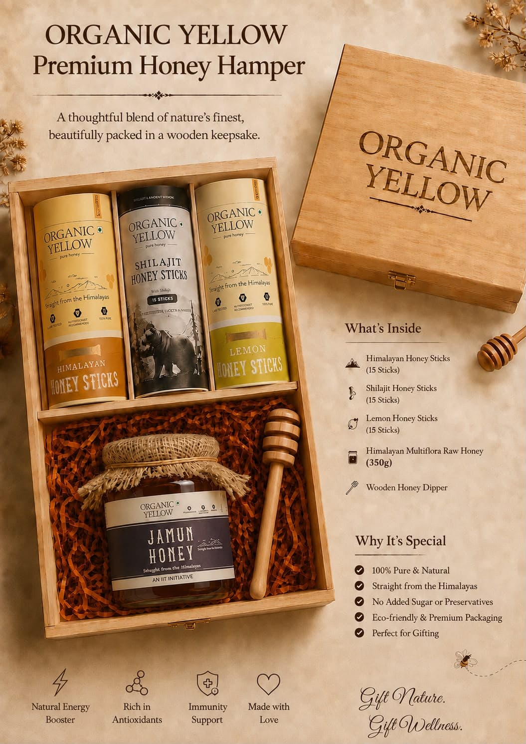 Organic Yellow Premium Honey Hamper β Himalayan, Shilajit and Lemon honey sticks, Jamun raw honey jar and a wooden dipper in a wooden keepsake box